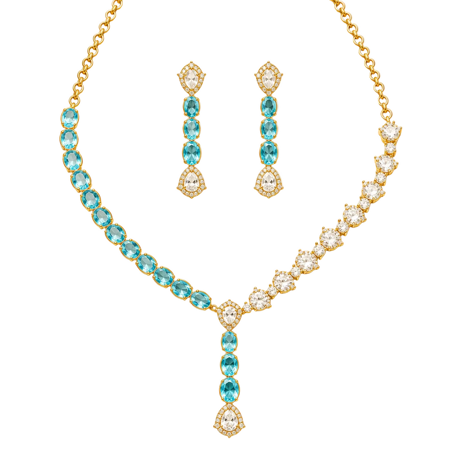 92.5 Silver Gold Aqua Crystal Luxe Necklace Set