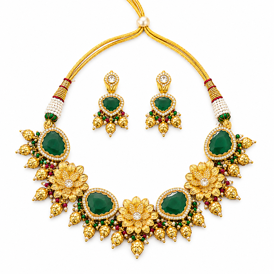 92.5 Silver Gold Emerald Floral Rajwadi Necklace Set