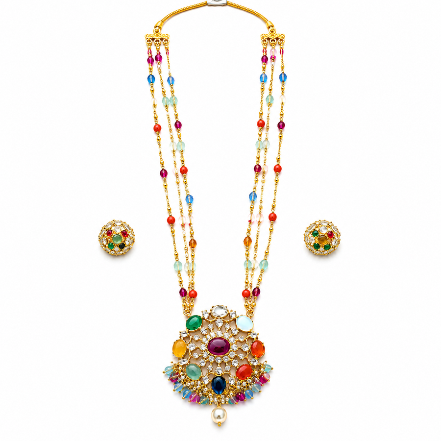 92.5 Silver Gold Navratna Rajwadi Luxe Necklace Set