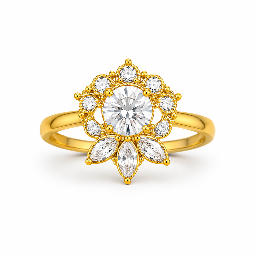 92.5 Silver Gold Floral Crystal Ring
