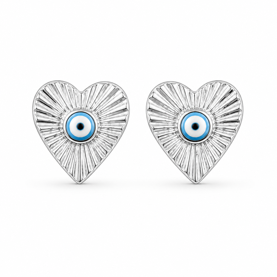 92.5 Silver Evil Eye Heart Stud Earrings for Women