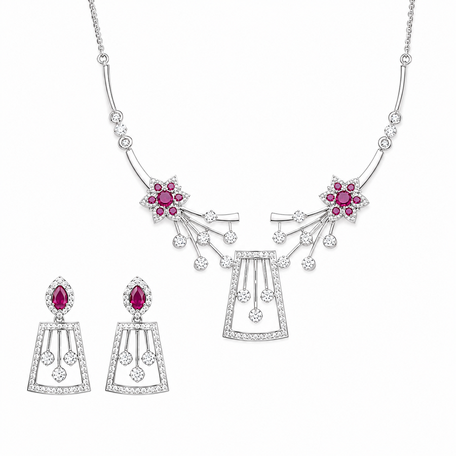 92.5 Silver Floral Crystal Necklace & Earrings Set