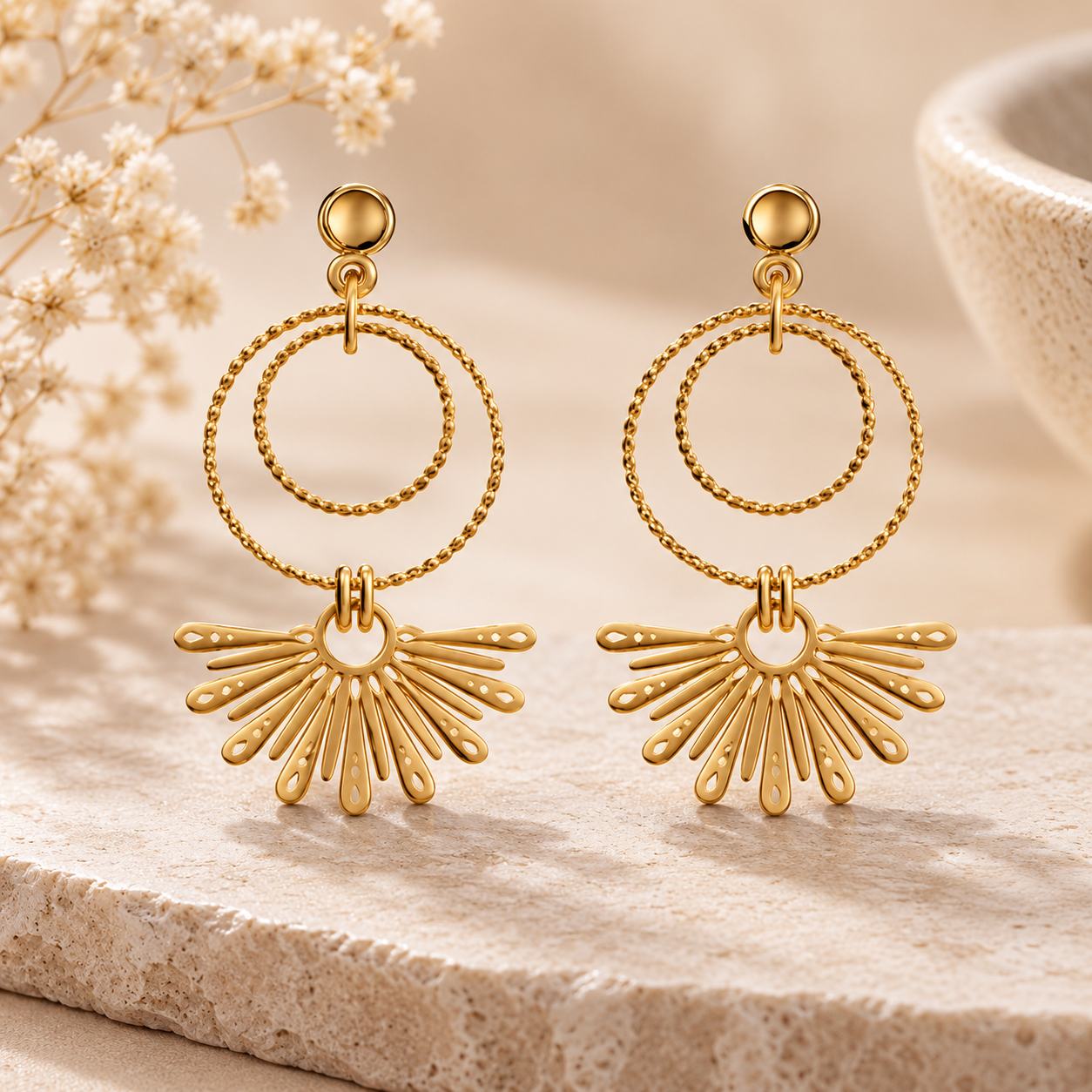 Elegant Gold-Tone Double Hoop Sunburst Drop Earrings for Women