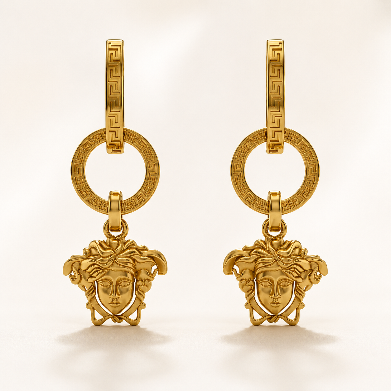 Luxury Gold-Tone Medusa Drop Earrings with Greek Key Hoop for Women