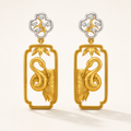Luxury Gold-Tone Swan Motif Drop Earrings with Crystal Floral Studs for Women