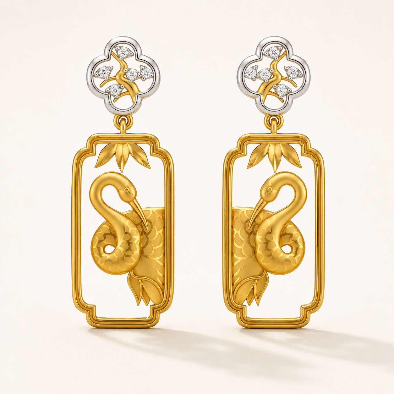 Luxury Gold-Tone Swan Motif Drop Earrings with Crystal Floral Studs for Women