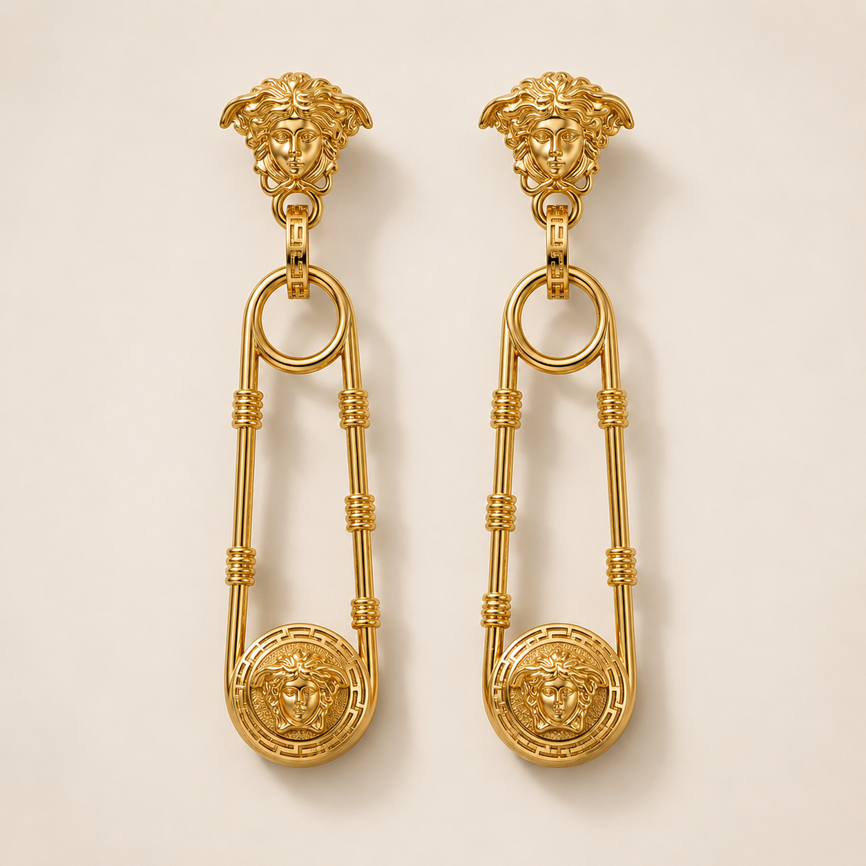 Luxury Gold-Tone Medusa Safety Pin Drop Earrings for Women