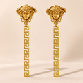 Luxury Gold-Tone Medusa Greek Key Long Drop Earrings for Women