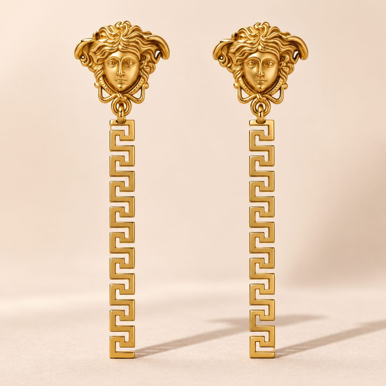 Luxury Gold-Tone Medusa Greek Key Long Drop Earrings for Women
