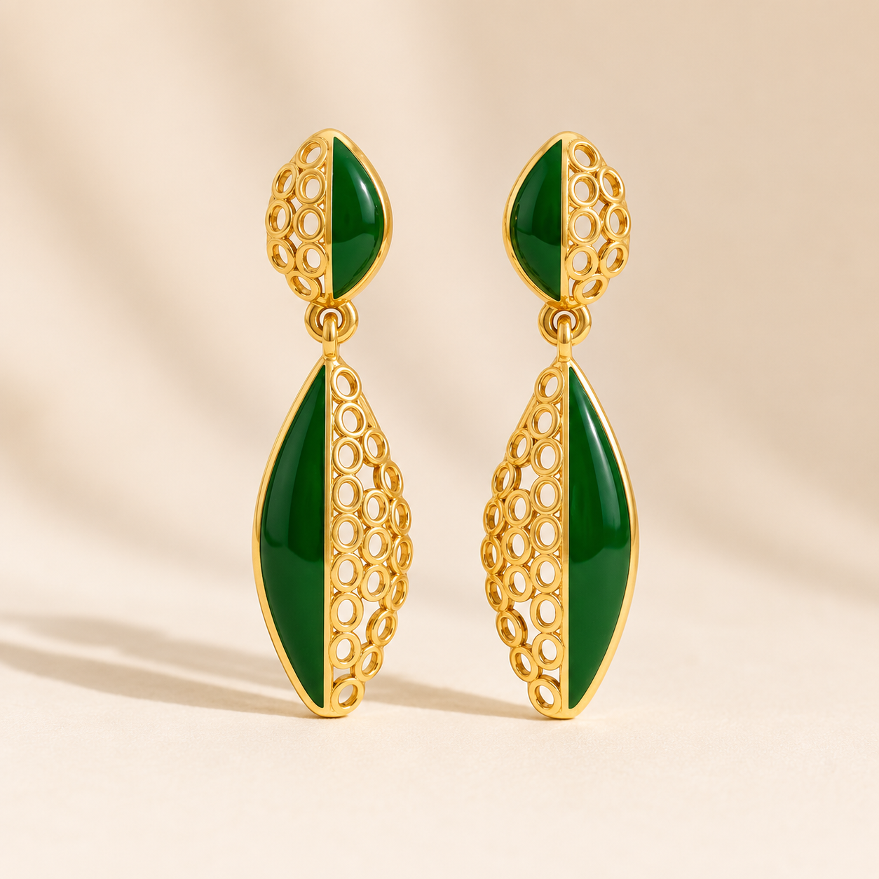 Elegant Green Enamel Gold Drop Earrings for Women