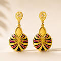 Gold Enamel Fan Drop Earrings for Women – Black & Magenta Statement Earrings