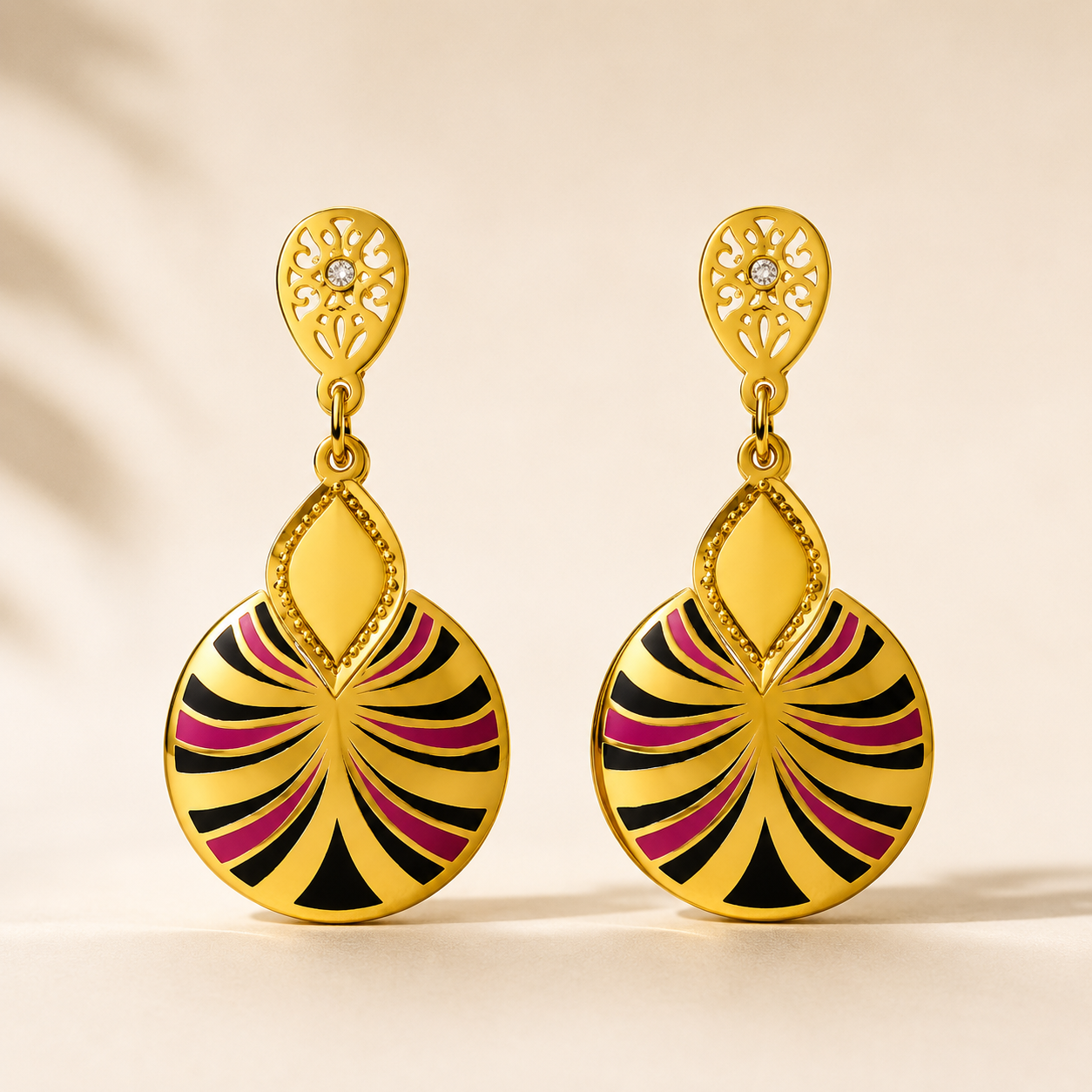 Gold Enamel Fan Drop Earrings for Women – Black & Magenta Statement Earrings