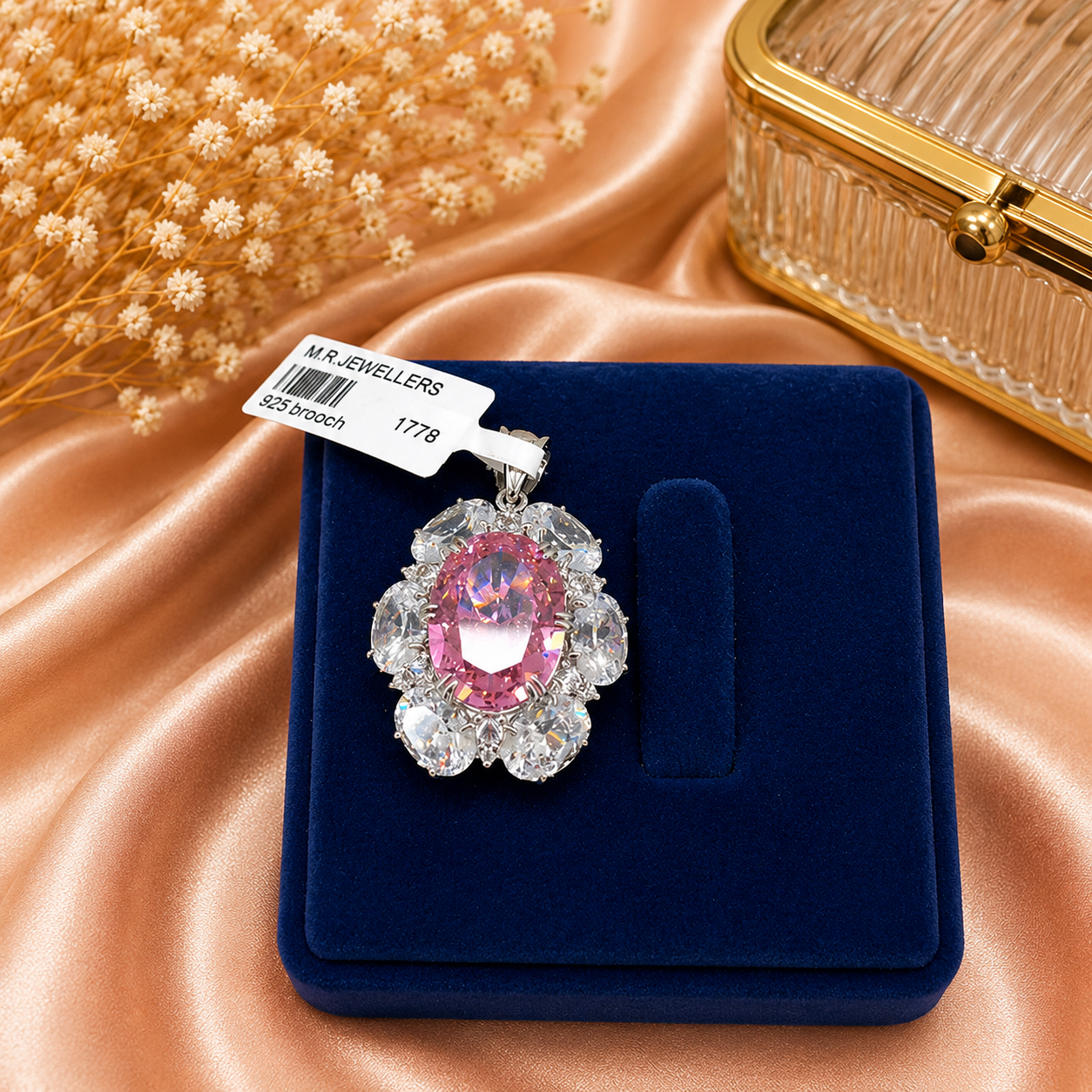 92.5 sliver                            Pink Crystal Halo Brooch Pendant
