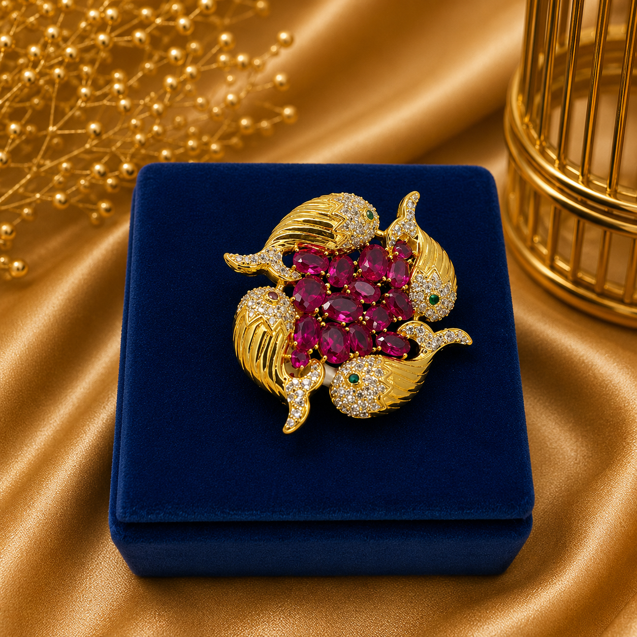 92.5 sliver  Goldfish Ruby Crystal Brooch