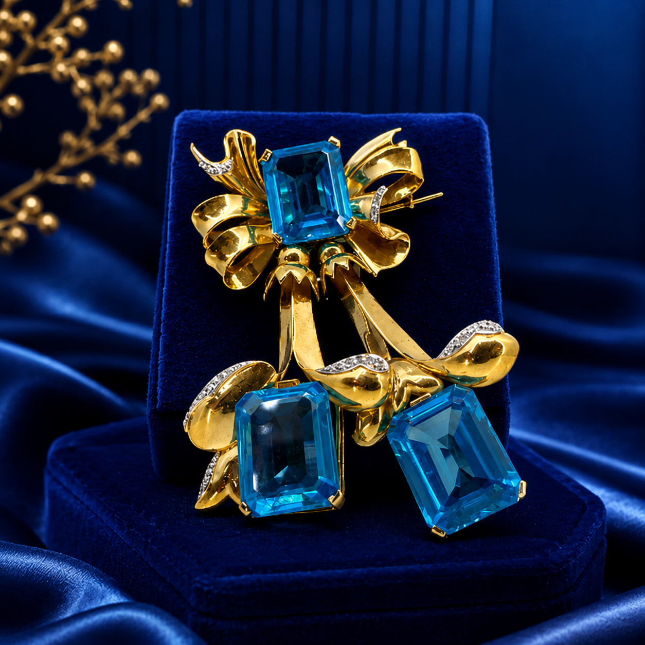 92.5 sliver gold Blue Crystal Statement Brooch