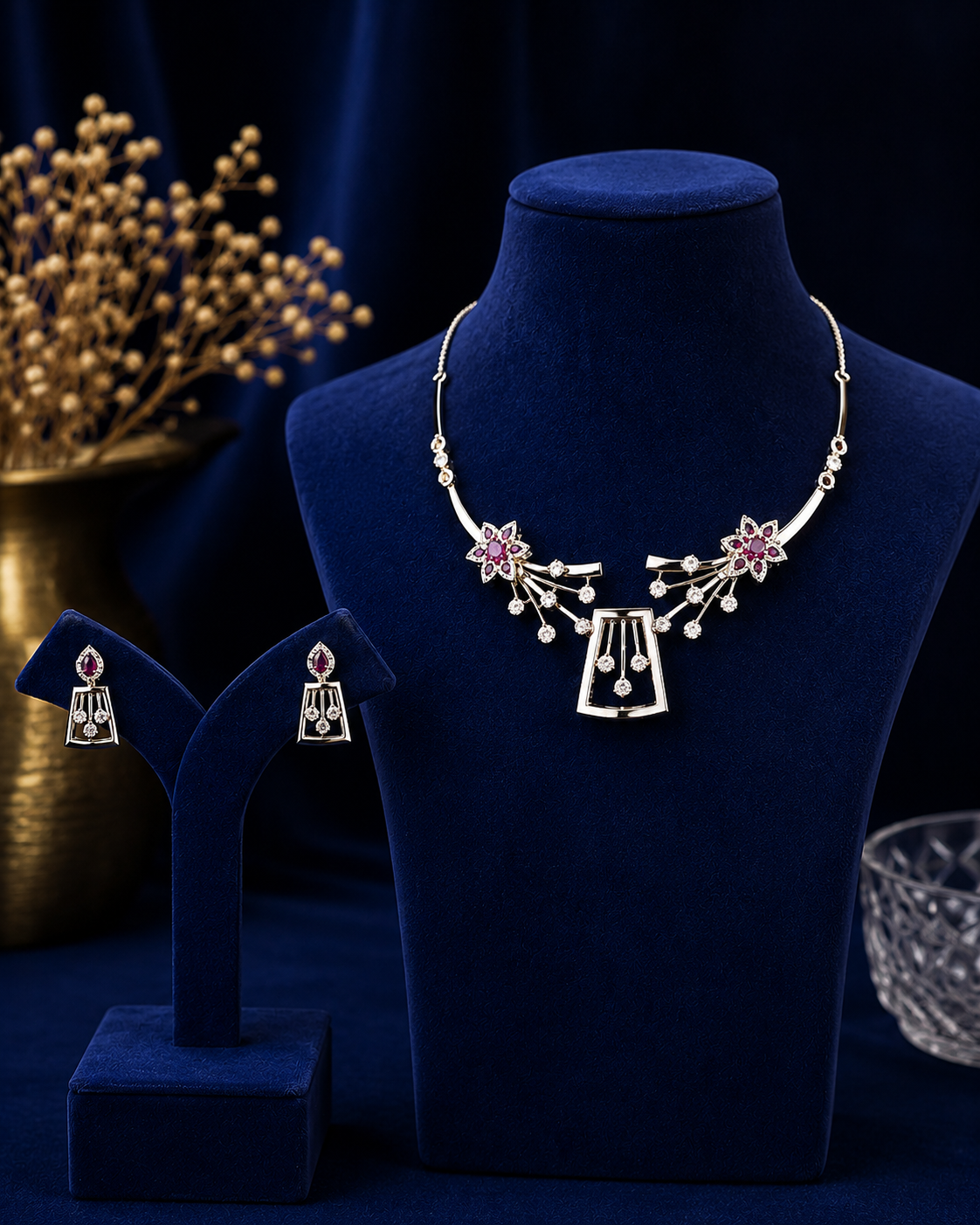 Silver Floral Crystal Necklace & Earrings Set