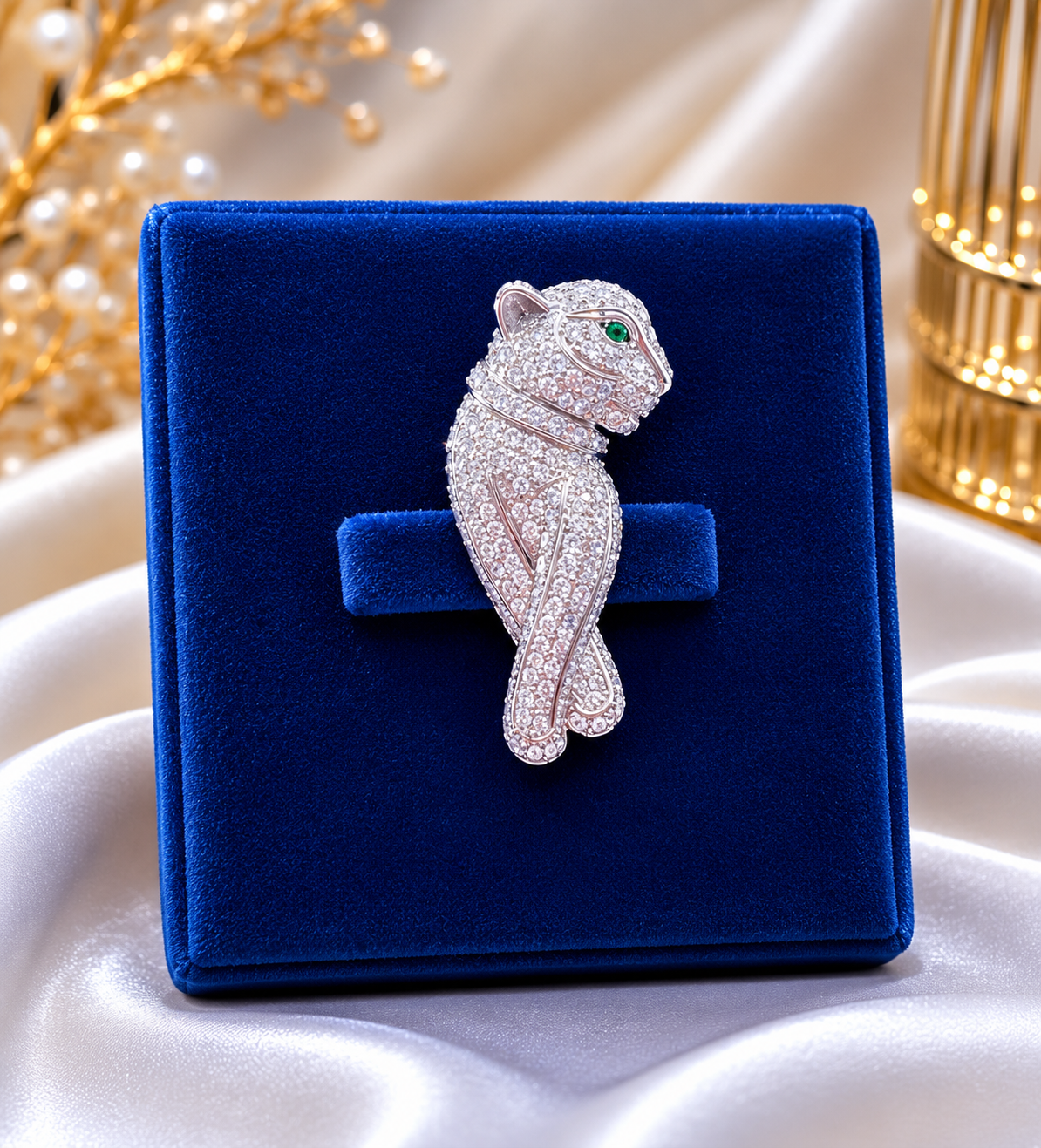 Silver Panther Crystal Brooch