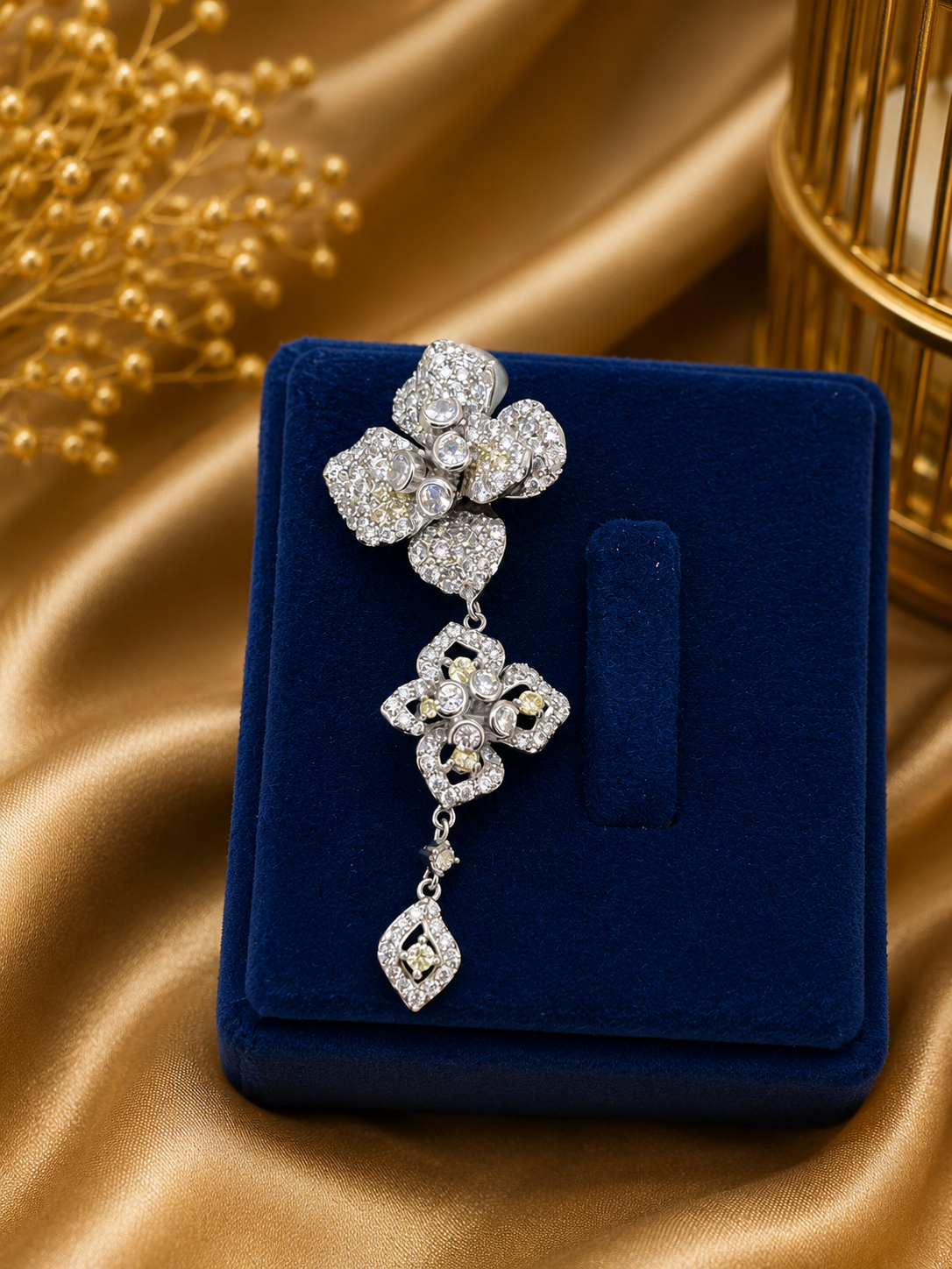 Silver Floral Crystal Drop Brooch