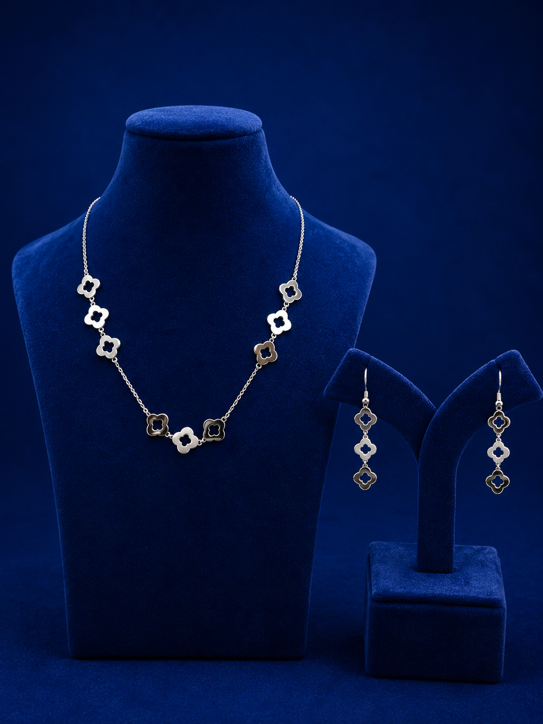 Silver Clover Charm Necklace & Earrings Set