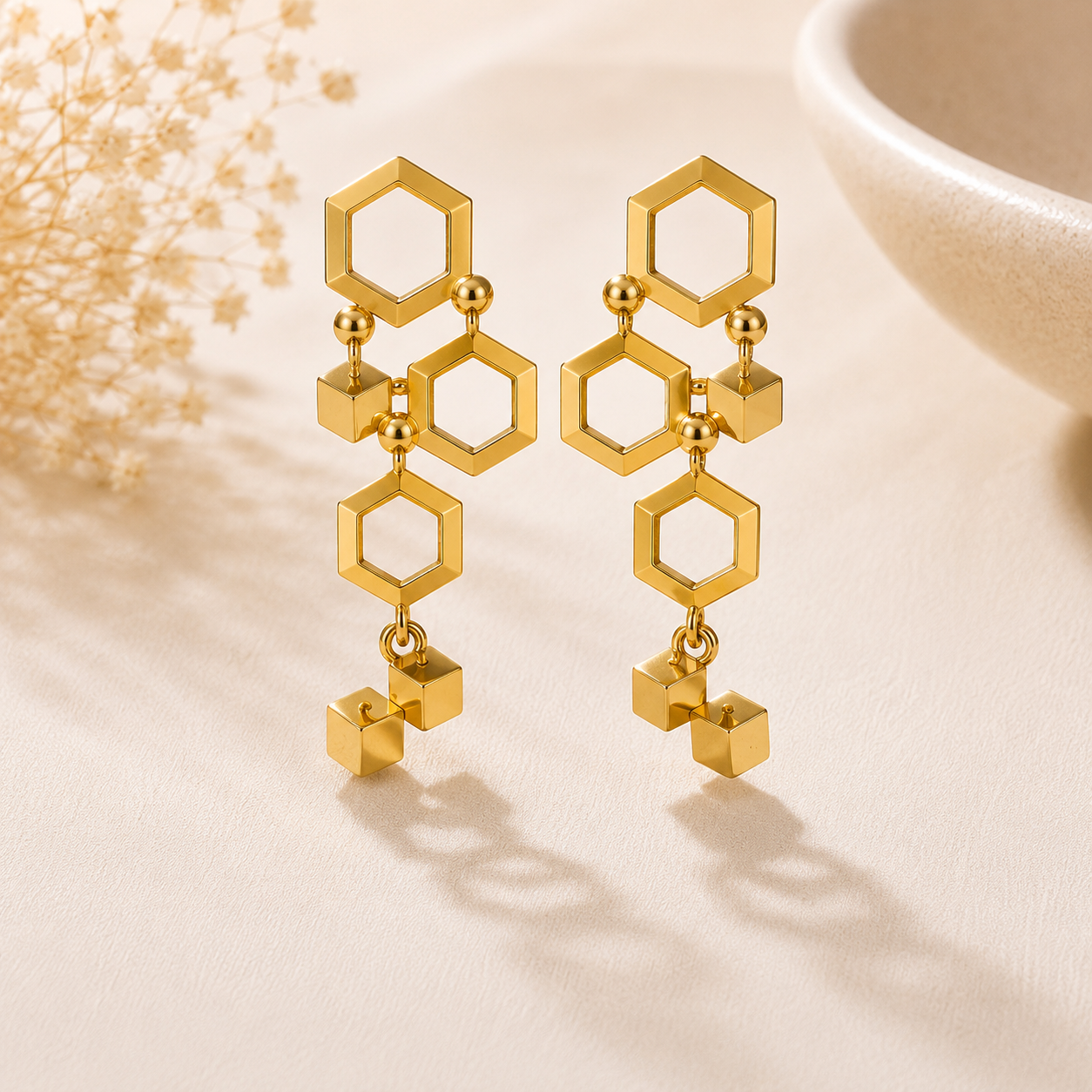 Hexa Cube Gold Statement Earrings
