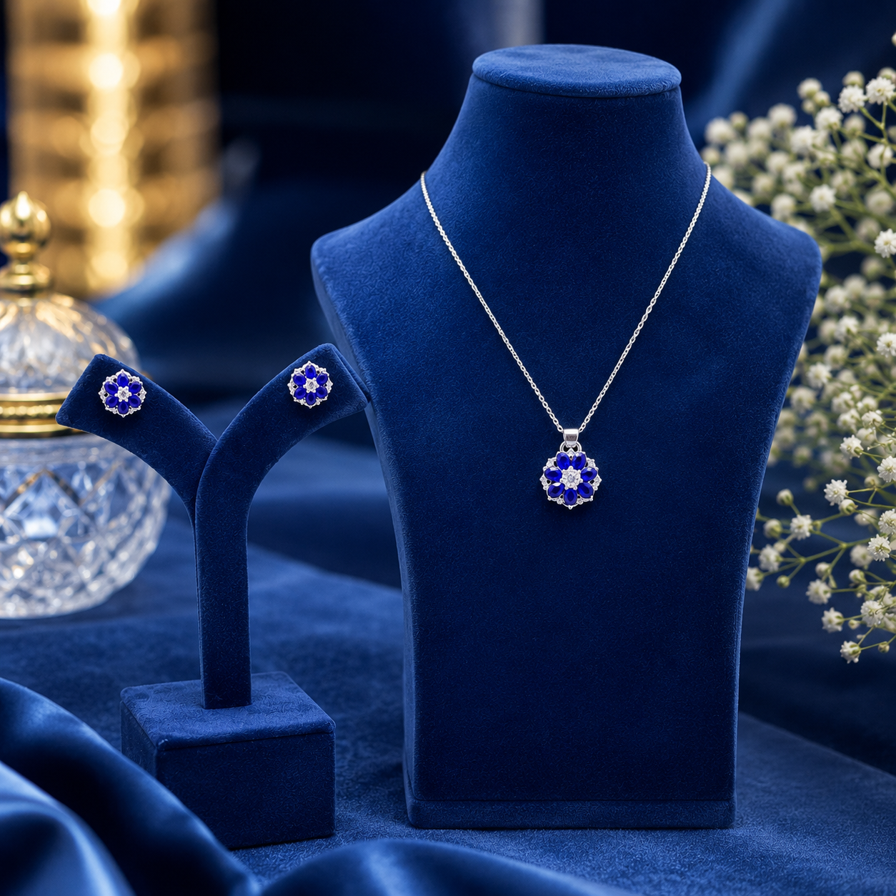 Silver Sapphire Bloom Luxe Jewellery Set
