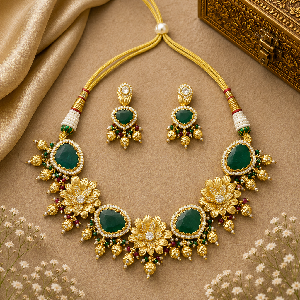 92.5 sliver Gold Emerald Floral Rajwadi Necklace Set
