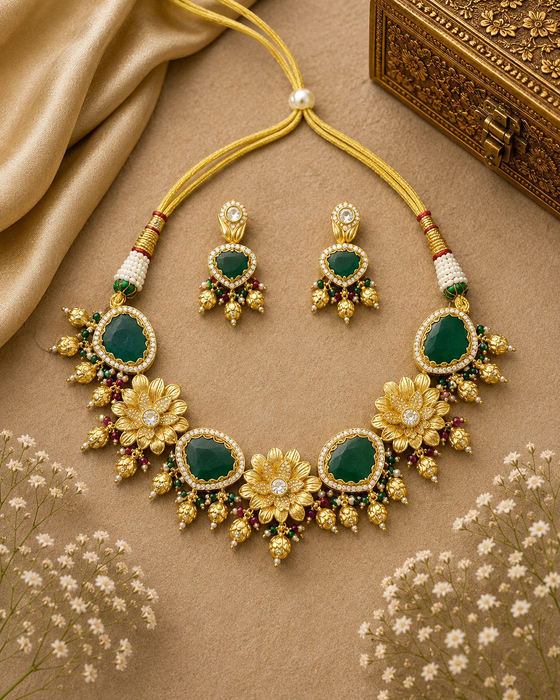 Gold Emerald Floral Rajwadi Necklace Set