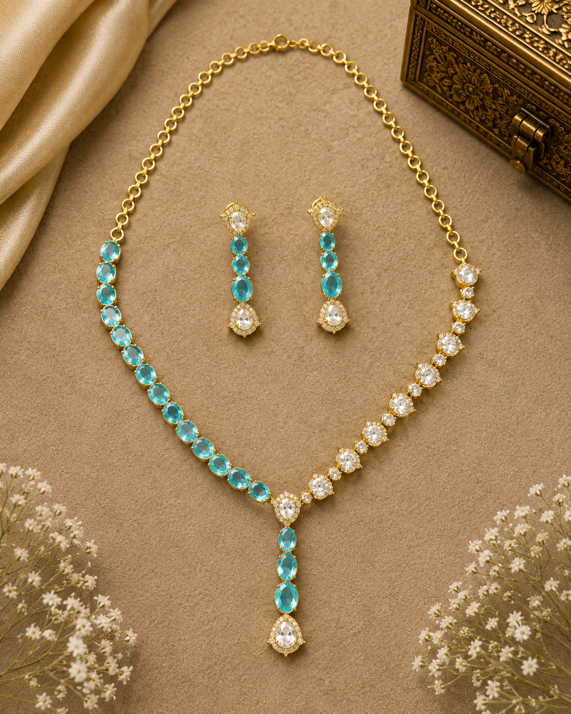 Gold Aqua Crystal Luxe Necklace Set
