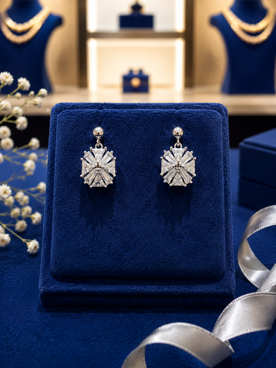 Silver Crystal Snowflake Drop Earrings