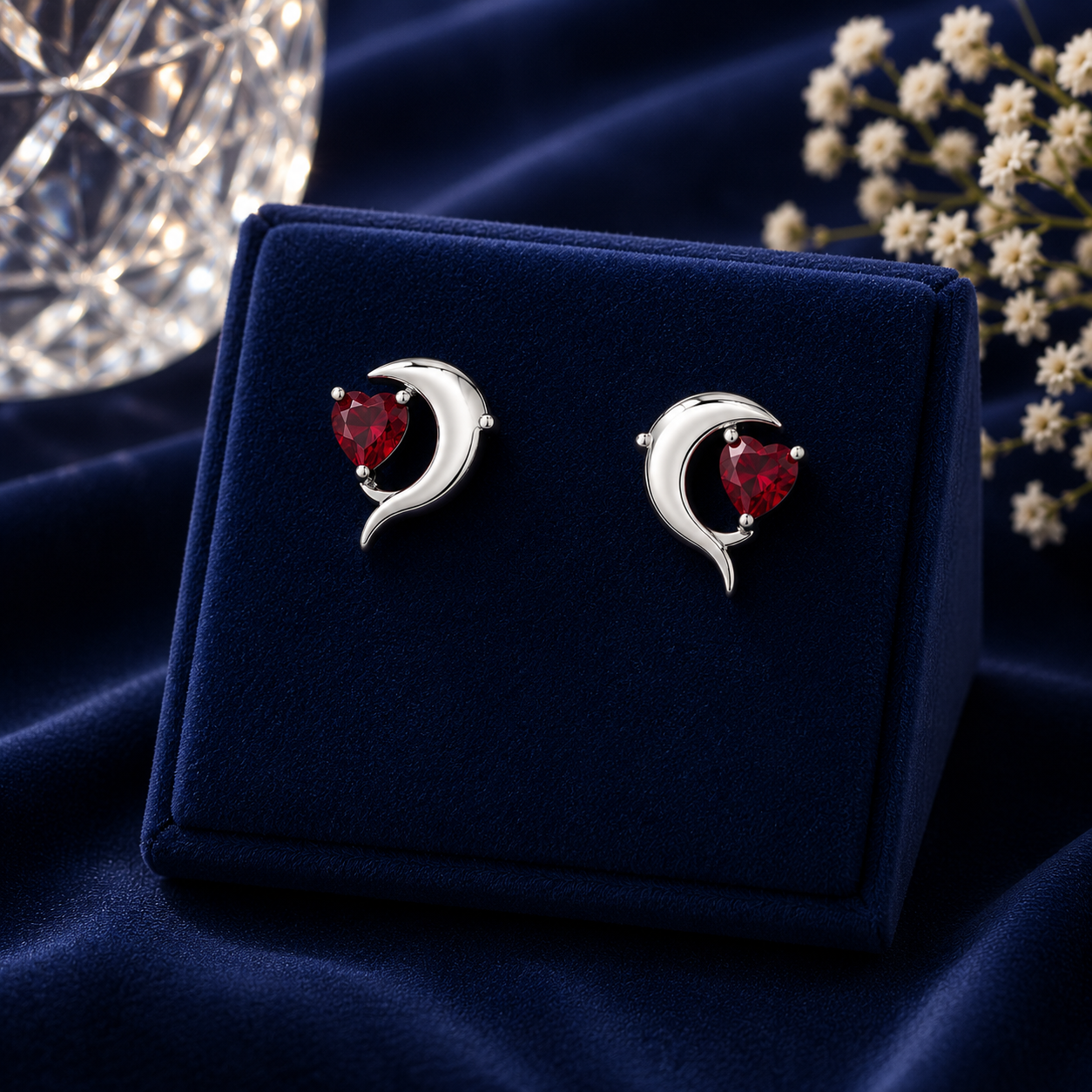 Silver Moon Heart Stud Earrings for Women