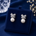 Silver Pearl Bow Stud Earrings for Women