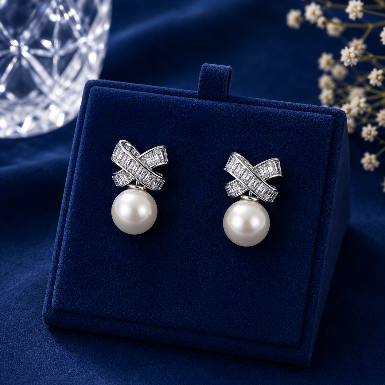 Silver Pearl Bow Stud Earrings for Women