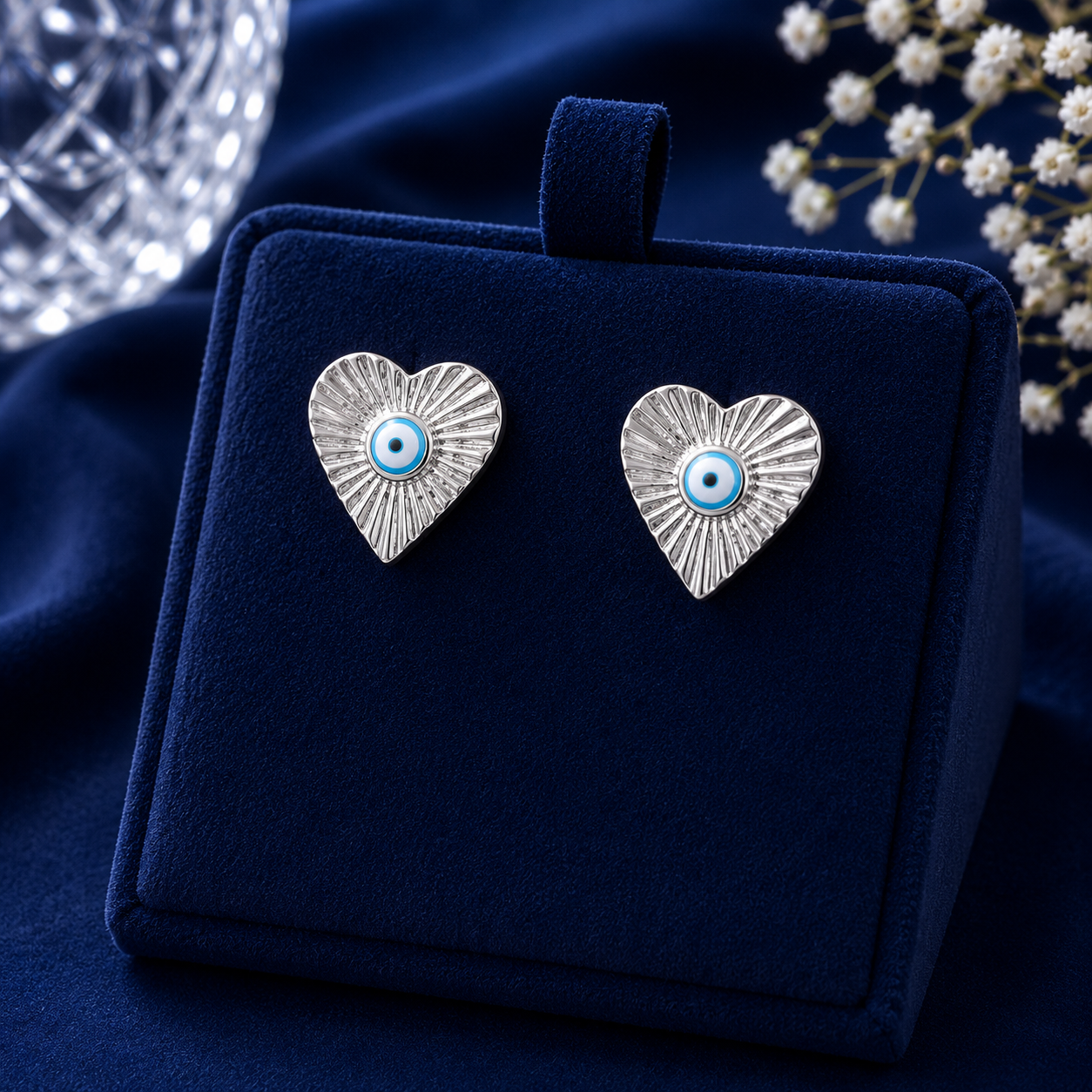 Silver Evil Eye Heart Stud Earrings for Women