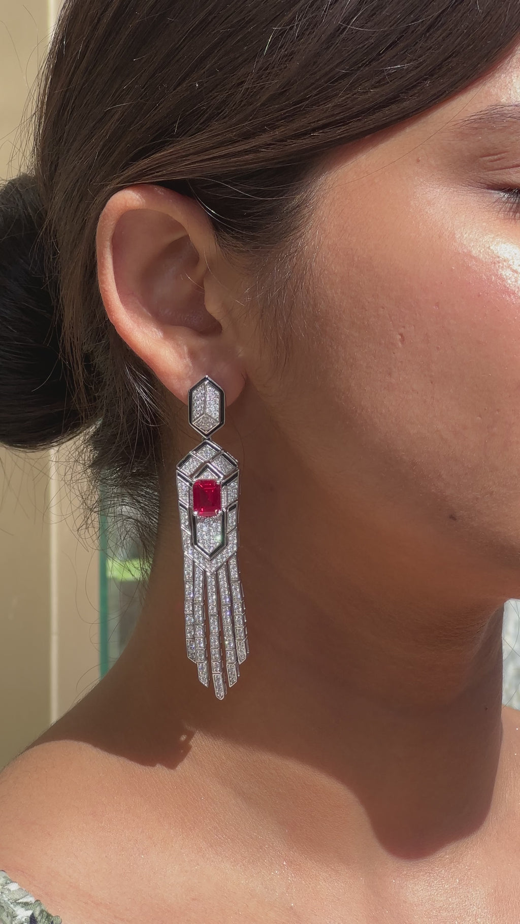 92.5 Silver Ruby Geometric Tassel Drop Earrings for Women