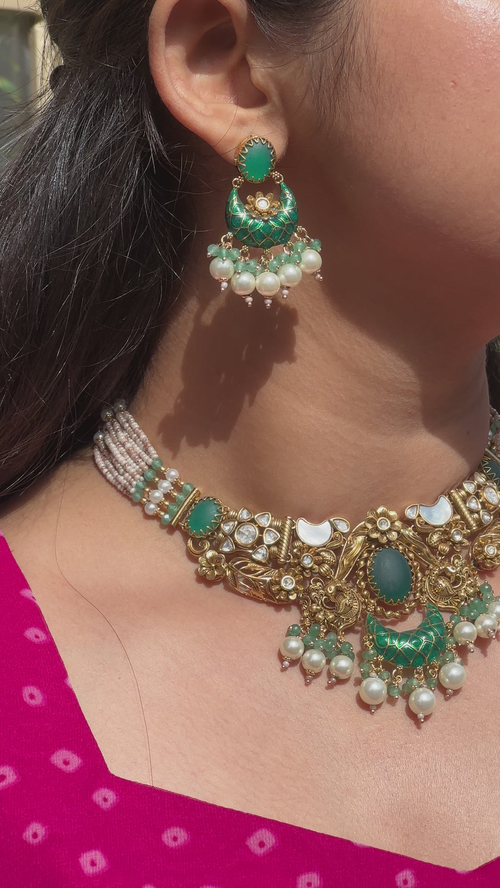 92.5 silver Gold Emerald Rajwadi Bridal Necklace Set
