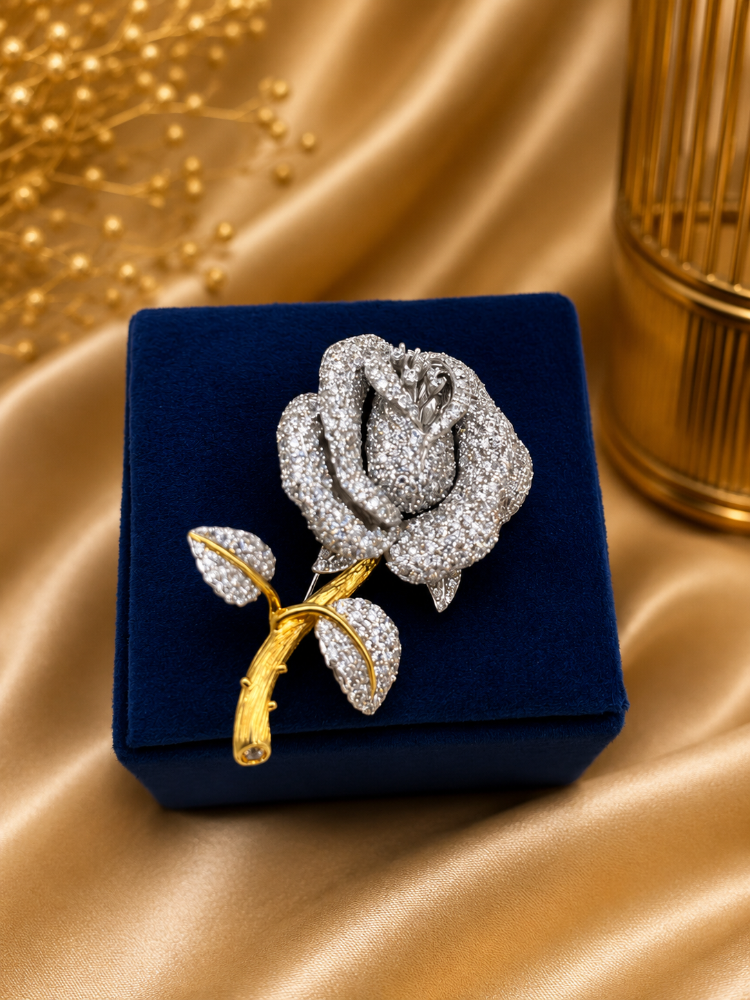 Silver Rose Crystal Brooch