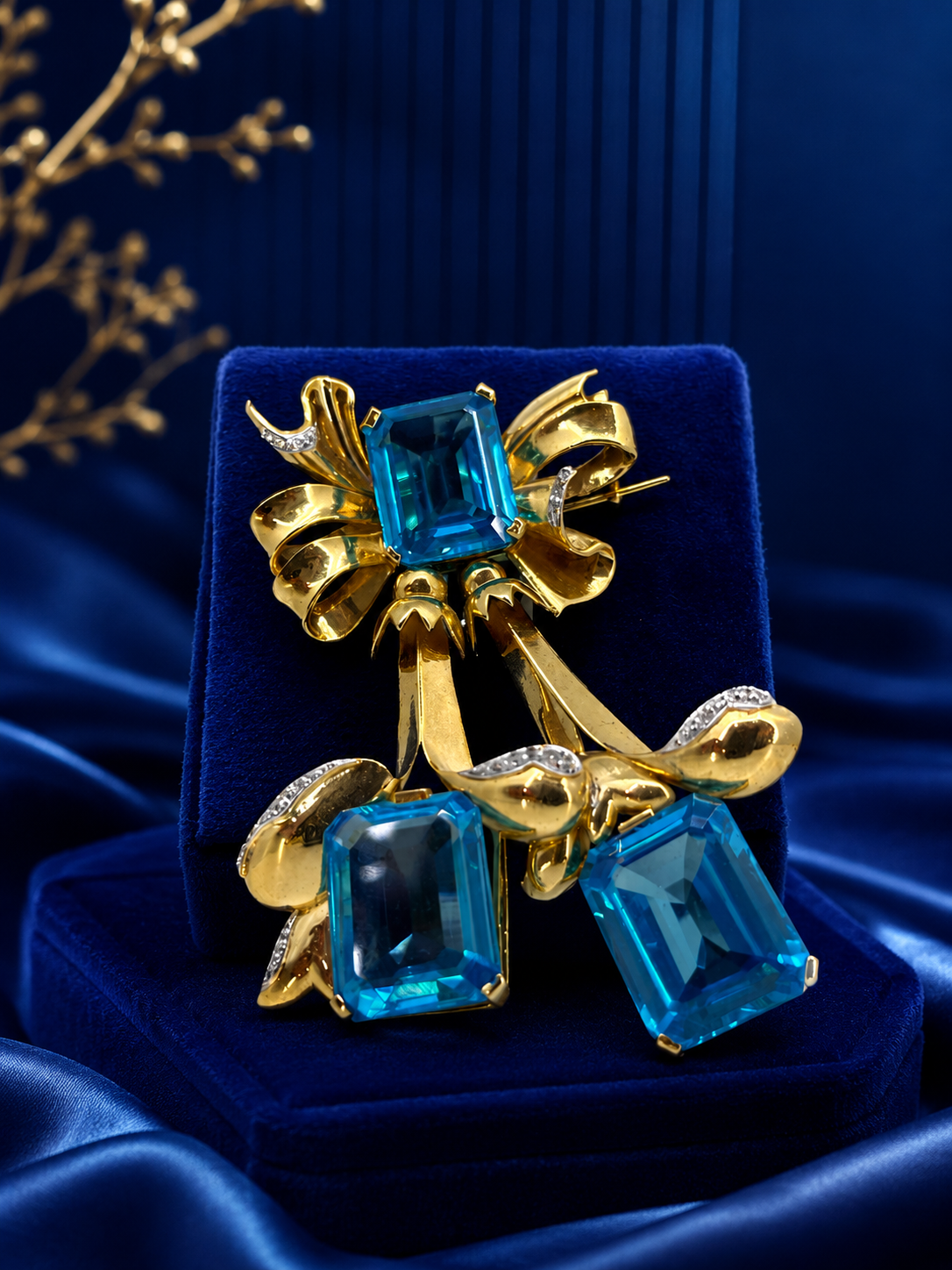 Gold Blue Crystal Statement Brooch