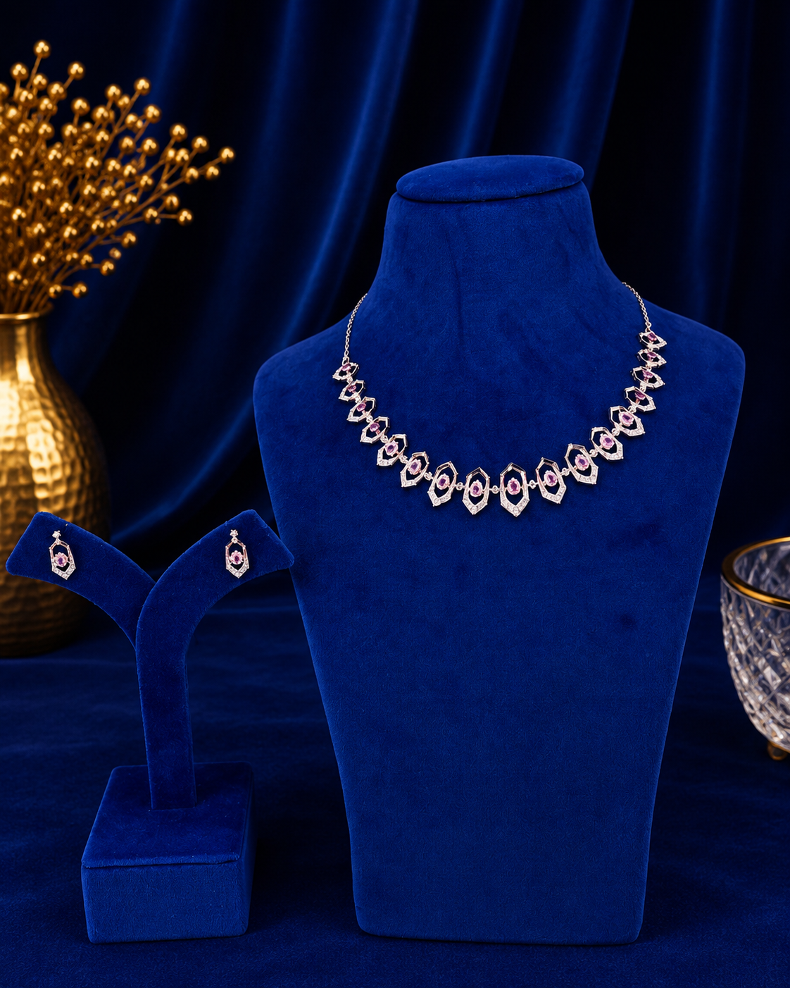 Silver Pink Crystal Designer Necklace & Earrings Set