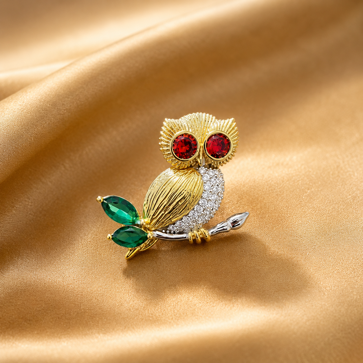 Gold Crystal Owl Brooch Pin